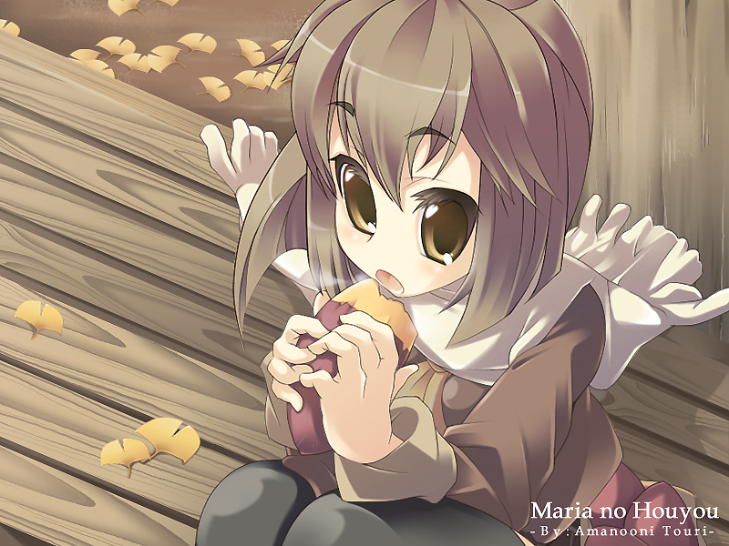 amanooni touri, tagme, 1girl, brown eyes, eating, female focus, grey hair, scarf, solo