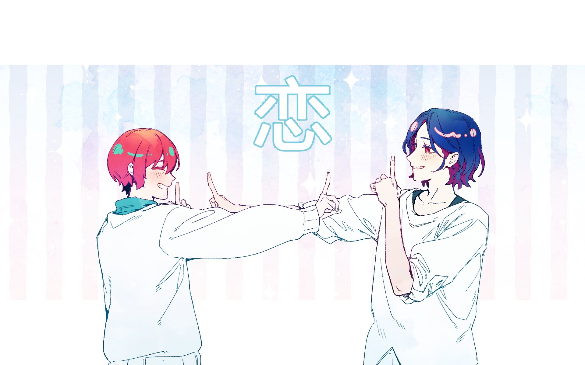 amate yuzuriha, shuji ito, gundam, gundam gquuuuuux, highres, 1boy, 1girl, blue hair, blush, cchoo00oo, closed eyes, collared shirt, colored inner hair, index finger raised, long sleeves, looking at another, multicolored hair, profile, purple hair, red eyes, red hair, school uniform, shirt, short hair, smile, sweater, two-tone hair, upper body, white shirt