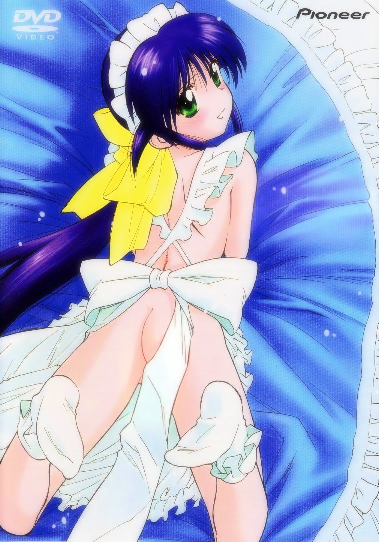 ditama bow, andou mahoro, mahoromatic, 1girl, apron, ass, bed, blue hair, blush, bobby socks, bow, cover, dvd cover, feet, female focus, frills, green eyes, hair bow, maid, maid apron, maid headdress, naked apron, no bra, no panties, no shoes, socks, solo