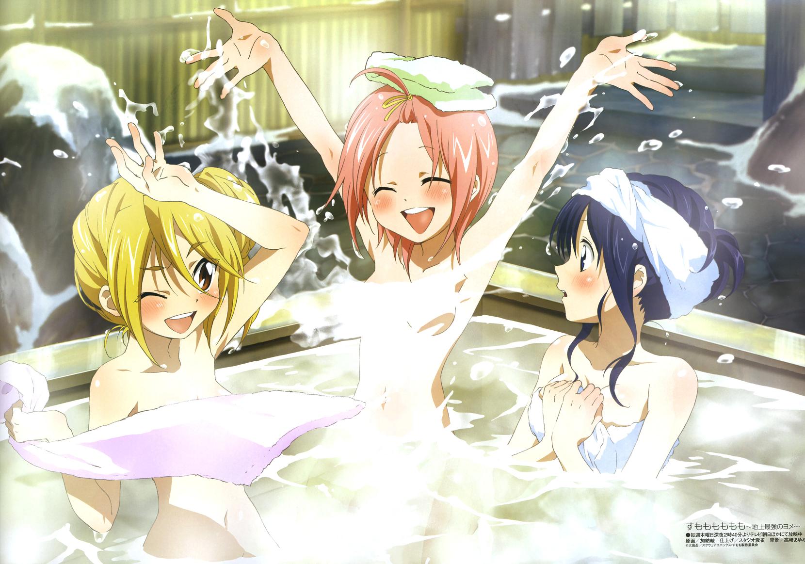 kanou aya, kuzuryuu momoko, miyamoto iroha, nakajima sanae, megami magazine, sumomomo momomo, volume81, highres, non-web source, official art, scan, 00s, 3girls, :d, :o, ;d, ^ ^, ahoge, arm up, armpits, arms up, bamboo, bare shoulders, bath, blonde hair, blue eyes, blue hair, blurry, blush, body blush, breasts, brown eyes, censored, cleavage, closed eyes, convenient censoring, covering breasts, covering privates, depth of field, embarrassed, fence, flat chest, forehead, hair between eyes, hair ribbon, hair up, happy, high side ponytail, multiple girls, naked towel, navel, nude, one eye closed, onsen, open mouth, outdoors, outstretched arms, partially submerged, pink hair, ribbon, rock, short hair, side ponytail, sidelocks, sitting, small breasts, smile, snow, splashing, stairs, surprised, towel, towel on head, water, wet, wince, wink