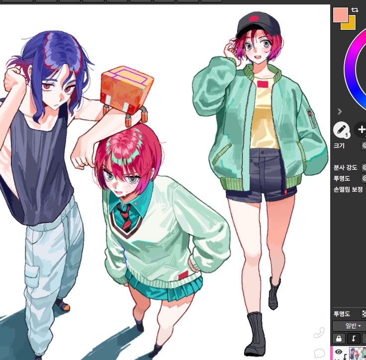 gomang1201, amate yuzuriha, conch (gundam), shuji ito, gundam, gundam gquuuuuux, 1boy, 1girl, aqua eyes, art program in frame, blue hair, collared shirt, colored inner hair, from above, full body, hat, jacket, long sleeves, multicolored hair, multiple views, necktie, non-humanoid robot, open mouth, ponytail, purple hair, red eyes, red hair, robot, school uniform, shirt, short hair, shorts, simple background, skirt, sleeveless, smile, sweatdrop, sweater, tank top, two-tone hair, white background