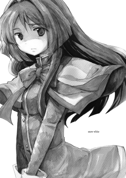 aki eda, minase nayuki, kanon, 1girl, capelet, closed mouth, dress, expressionless, female focus, greyscale, long hair, long sleeves, looking at viewer, monochrome, school uniform, serafuku, shaded face, simple background, solo, white background