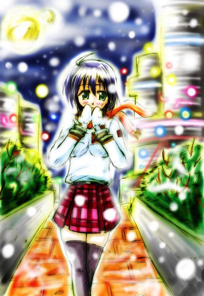 zinno, subaru nakajima, lyrical nanoha, mahou shoujo lyrical nanoha, mahou shoujo lyrical nanoha strikers, 00s, 1girl, blue hair, female focus, mittens, scarf, snowing, solo, thighhighs, winter