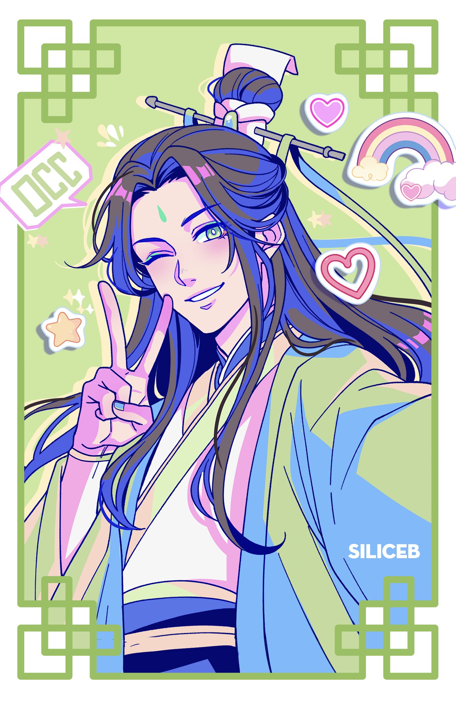 siliceb, shen qingqiu, renzha fanpai zijiu xitong, highres, 1boy, artist name, bindi, black hair, border, bracelet, chinese clothes, chinese knot, cloud, colored shadow, curtained hair, drop shadow, facial mark, floating hair, forehead mark, green background, green border, green eyes, green robe, hair bun, half updo, hand up, hanfu, head tilt, heart, jewelry, light blush, long hair, long sleeves, looking at viewer, male focus, notice lines, one eye closed, outstretched arm, parted bangs, rainbow, ribboned xiao guan, robe, selfie, shadow, sidelocks, single hair bun, smile, solo, sparkle, star (symbol), upper body, v, white border, white hanfu, wide sleeves