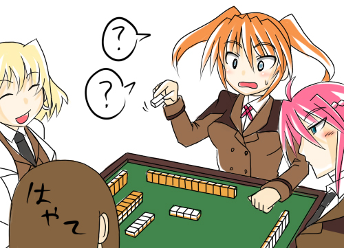 shamal, signum, teana lanster, yagami hayate, lyrical nanoha, mahou shoujo lyrical nanoha, mahou shoujo lyrical nanoha strikers, lowres, 00s, 4girls, blonde hair, board game, holding, holding mahjong tile, mahjong, mahjong tile, multiple girls, playing games
