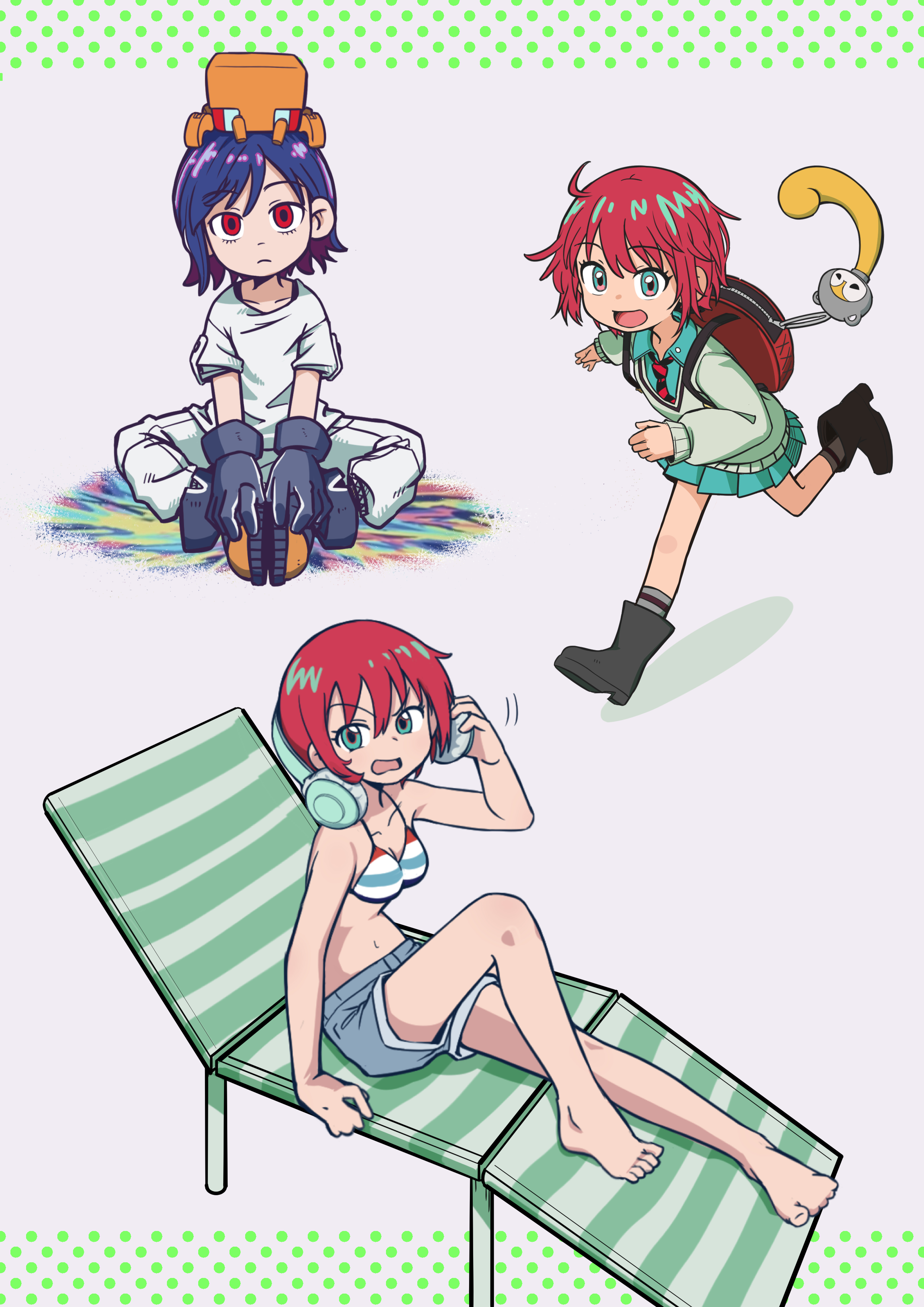 okai (pixiv6333), amate yuzuriha, conch (gundam), shuji ito, gundam, gundam gquuuuuux, absurdres, highres, 1boy, 1girl, aqua eyes, beach chair, bikini, bikini top only, blue hair, breasts, cleavage, collared shirt, colored inner hair, denim, denim shorts, headphones, headphones around neck, long sleeves, multicolored hair, multiple views, navel, necktie, non-humanoid robot, open mouth, purple hair, red eyes, red hair, robot, school uniform, shirt, short hair, shorts, sitting, skirt, sleeveless, smile, sweater, swimsuit, tank top, two-tone hair, white shirt