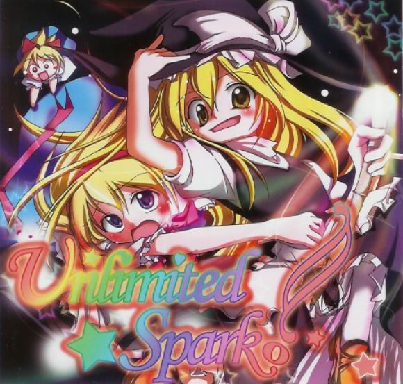 wad, alice margatroid, kirisame marisa, shanghai doll, touhou, 2girls, :d, adjusting clothes, adjusting headwear, apron, arm up, black dress, blonde hair, blue eyes, dress, female focus, frills, glowing, hat, looking at viewer, multiple girls, open mouth, puffy short sleeves, puffy sleeves, rod, short hair, short sleeves, smile, staff, star (symbol), waist apron, witch hat, yellow eyes