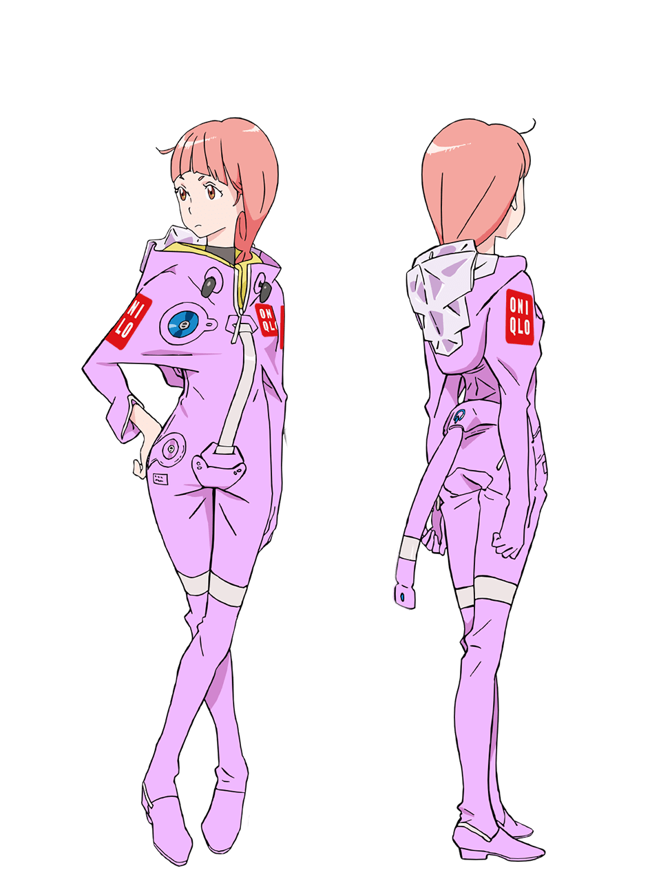yoshida ken'ichi, chikyuugai shounen shoujo, highres, official art, 2girls, anime coloring, back, blunt bangs, breasts, brown eyes, collared shirt, crossed ankles, from behind, full body, grey shirt, hand on own hip, jumpsuit, long hair, looking to the side, low ponytail, medium breasts, multiple girls, multiple views, nasa houston, pink hair, pink jumpsuit, ponytail, shirt, simple background, spacesuit, standing, tareme, transparent background