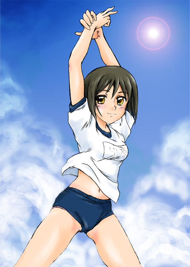 aoi zero, nakahara misaki, nhk ni youkoso!, 00s, 1girl, bob cut, brown eyes, brown hair, buruma, cloud, cowboy shot, day, female focus, gym uniform, short hair, sky, solo, stretching