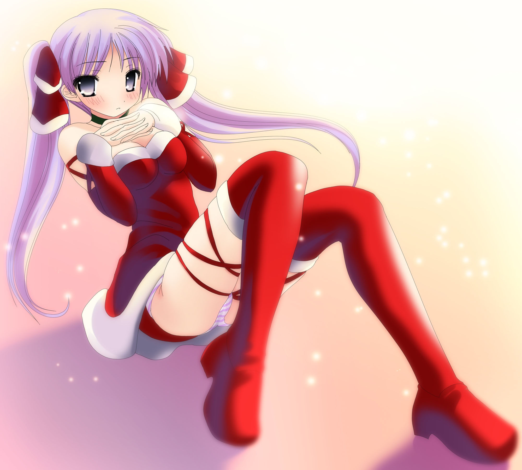 namamo nanase, hiiragi kagami, lucky star, highres, 00s, 1girl, bare shoulders, blue eyes, blush, choker, christmas, dress, elbow gloves, female focus, gloves, long hair, lying, panties, purple hair, santa costume, sitting, solo, strapless, strapless dress, striped clothes, striped panties, thighhighs, twintails, underwear