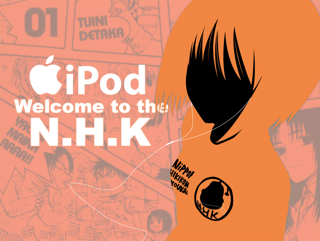 ooiwa kenji, nakahara misaki, nhk ni youkoso!, 00s, 1girl, digital media player, earphones, female focus, ipod, ipod ad, monochrome, orange theme, short hair, solo