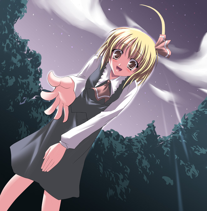 subaru noji, rumia, embodiment of scarlet devil, touhou, 1girl, blonde hair, female focus, hair ribbon, necktie, night, night sky, red eyes, ribbon, short hair, sky, solo