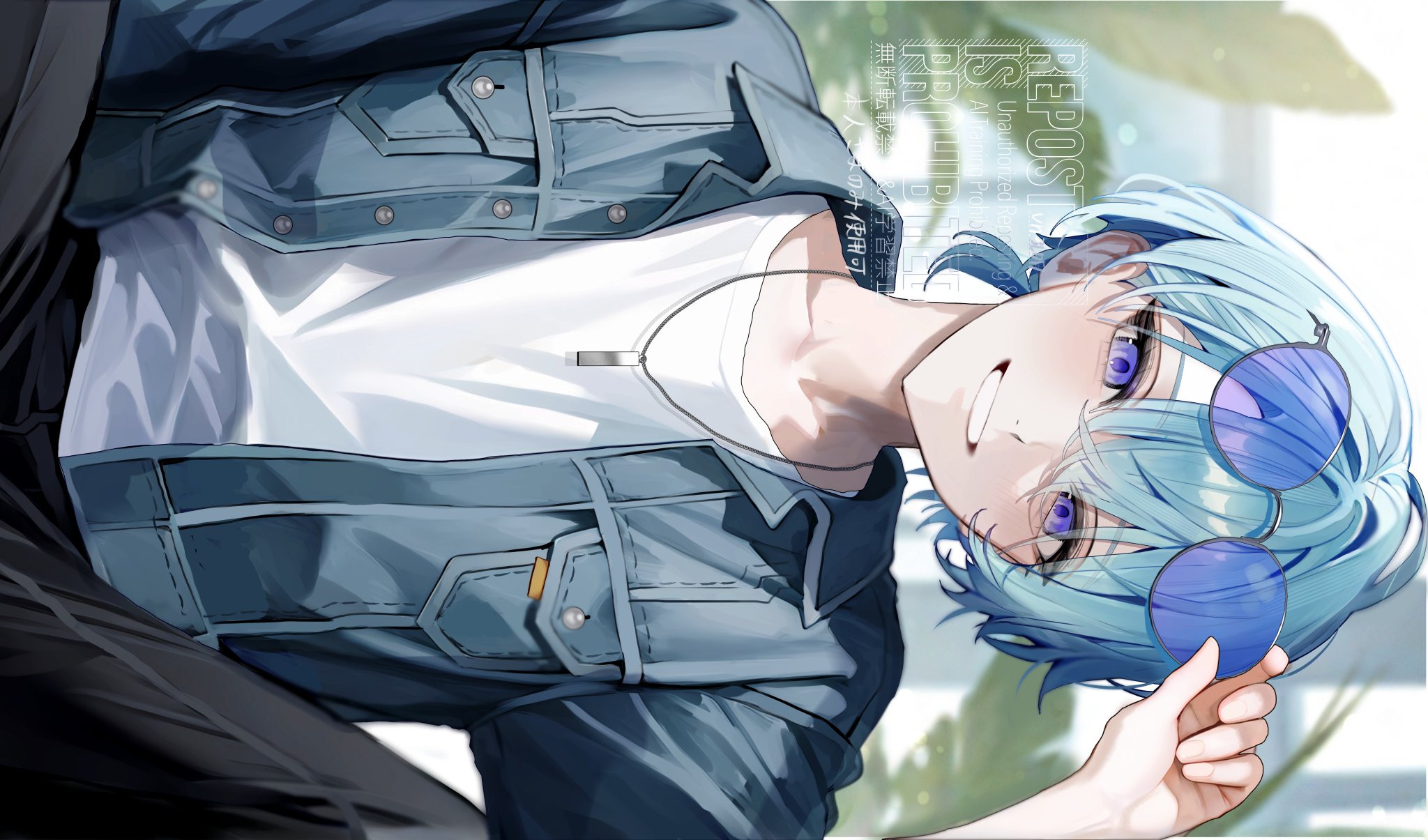 akadajohnson02, nagisa trout, nagisa trout (2nd costume), nijisanji, highres, 1boy, adjusting eyewear, blue eyes, blue hair, blue jacket, breast pocket, collared jacket, hair between eyes, jacket, jewelry, looking at viewer, male focus, necklace, official alternate costume, open clothes, open jacket, pocket, round eyewear, shirt, short hair, smile, solo, teeth, virtual youtuber, watermark, white shirt