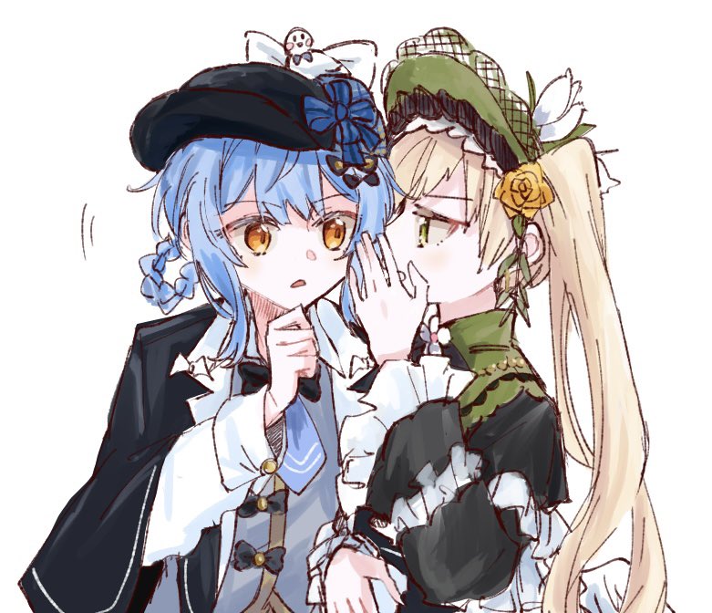 tachibana sherry, toono hanna, mahou shoujo no majo saiban, commentary request, 2girls, black bow, black hat, blonde hair, blue hair, bonnet, bow, braid, braided hair rings, covering own mouth, detective, flower, frilled sleeves, frills, green eyes, hair rings, hand on own chin, hand over own mouth, hand up, hat, lolita fashion, long hair, looking at another, magical girl, multiple girls, open mouth, profile, rose, short hair, twintails, upper body, whispering, yellow flower, yellow rose, yume mogura