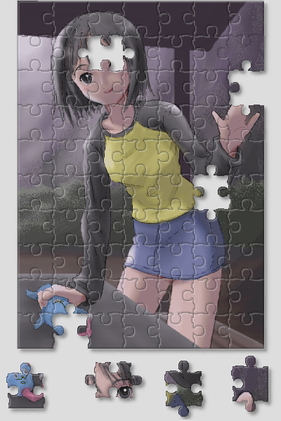 hikikomori alien, nakahara misaki, nhk ni youkoso!, 00s, 1girl, black eyes, black hair, bob cut, brown eyes, female focus, jigsaw puzzle, outdoors, pencil skirt, puzzle, raglan sleeves, short hair, skirt, solo