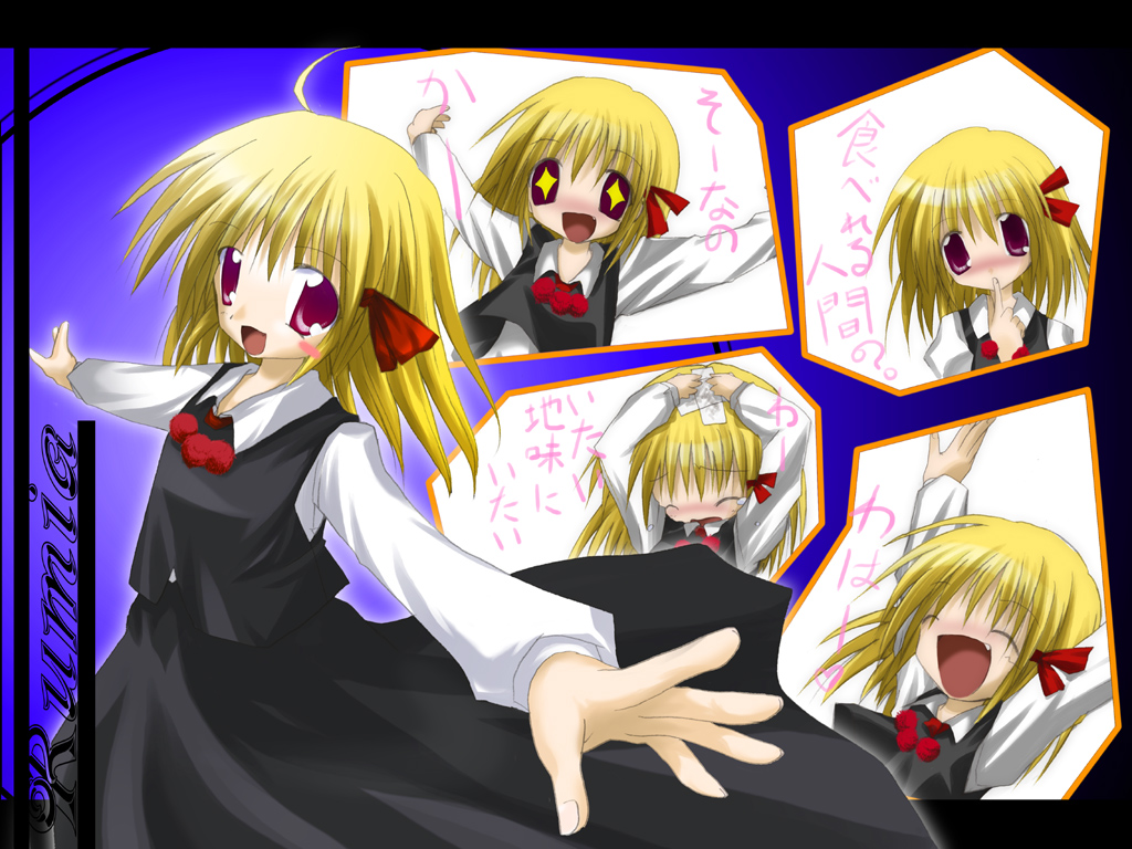 rumia, embodiment of scarlet devil, touhou, + +, 1girl, bandaid, black skirt, blonde hair, blush stickers, character name, closed eyes, fang, female focus, hair ribbon, long sleeves, looking at viewer, multiple views, open mouth, outstretched arms, red eyes, red ribbon, ribbon, short hair, skirt, skirt set, smile, tears, vest