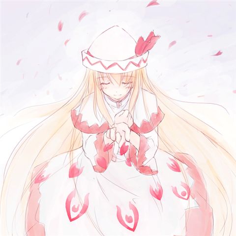 lily white, touhou, lowres, 1girl, blonde hair, blush, capelet, danmaku, dress, female focus, hand on own chest, hat, hat ribbon, light smile, long hair, outstretched hand, petals, ribbon, solo
