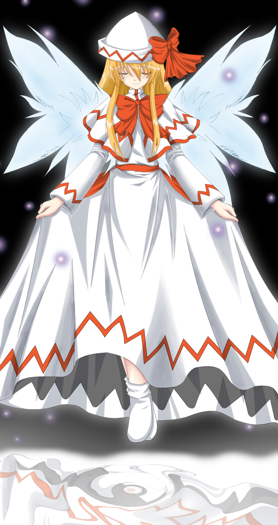 lily white, touhou, highres, 1girl, blonde hair, bow, bowtie, capelet, closed eyes, dress, fairy, fairy wings, female focus, hat, long hair, long sleeves, looking at viewer, red bow, red bowtie, shoes, sidelocks, simple background, solo, standing, tate eboshi, white dress, white shoes, white wings, wings