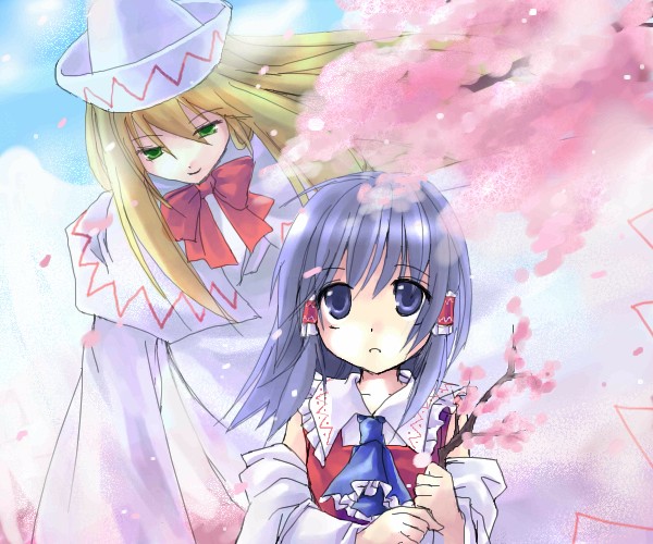 asahina, hakurei reimu, lily white, phantasmagoria of flower view, touhou, jpeg artifacts, 2girls, angel wings, ascot, bare shoulders, black hair, blonde hair, blue ascot, blue eyes, blue sky, bow, bowtie, branch, cherry blossoms, collar, detached sleeves, dress, fairy, female focus, frilled hair tubes, frilled shirt collar, frills, green eyes, hair tubes, hat, long hair, multiple girls, no headwear, open mouth, outdoors, red bow, red bowtie, shirt, short hair, sky, sleeveless, sleeveless shirt, spring (season), tareme, transparent, white collar, white dress, white hat, white sleeves, wings