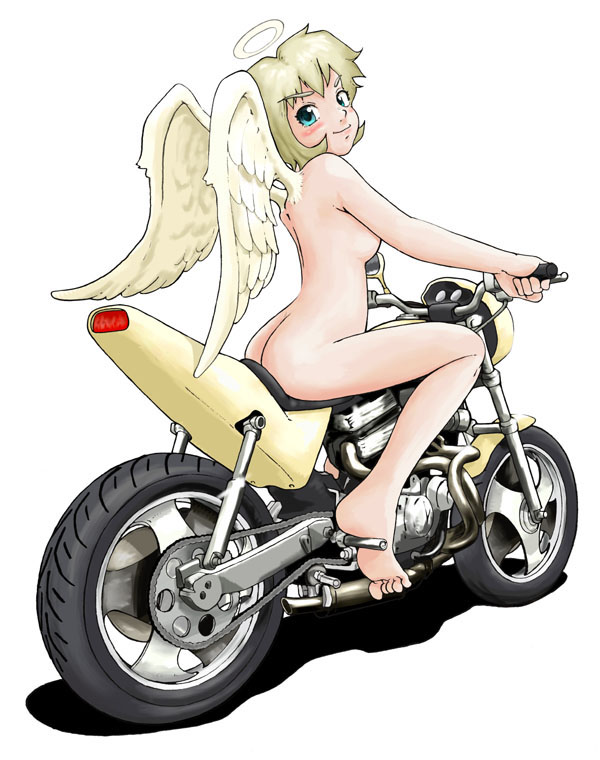 hidemaro, vehicle, 1girl, angel, ass, barefoot, blonde hair, blue eyes, completely nude, female focus, motor vehicle, motorcycle, nude, simple background, solo, wings