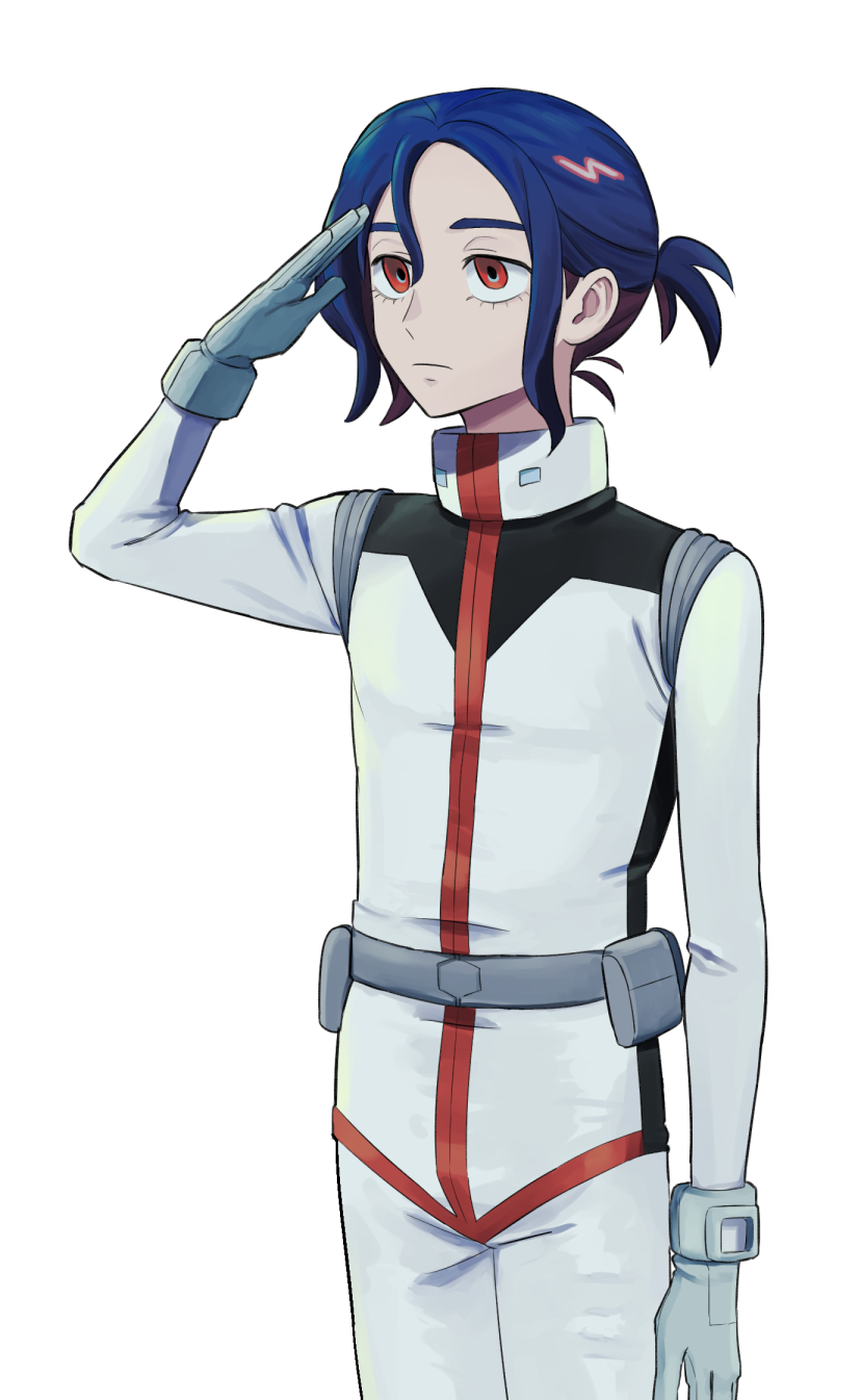amuro ray, shuji ito, gundam, gundam gquuuuuux, mobile suit gundam, highres, 1boy, amuro ray (cosplay), blue hair, bodysuit, colored inner hair, cosplay, cowboy shot, lower eyelashes only, male focus, mecha pilot suit, multicolored hair, ponytail, purple hair, red eyes, s inoji, salute, short hair, simple background, solo, two-tone hair, white background, white bodysuit