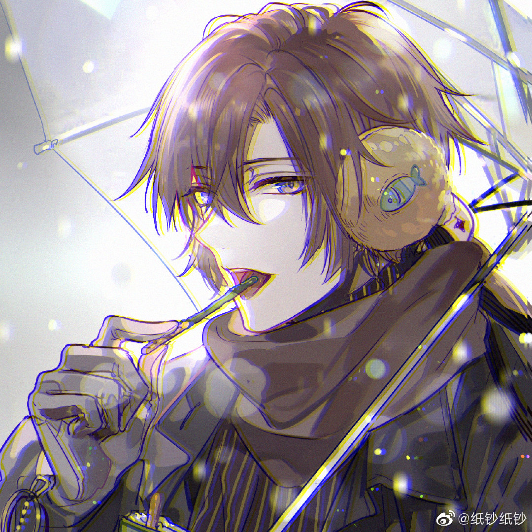 nevakuma (fanfanas), lovebrush chronicles, chinese commentary, 1boy, :d, alternate costume, breath, brown hair, brown scarf, brown shirt, chromatic aberration, curtained hair, earmuffs, eating, food, gloves, grey background, grey gloves, grey jacket, hair between eyes, holding, holding food, holding pocky, jacket, lapels, long hair, long sleeves, looking at viewer, male focus, notched lapels, o'connor (lovebrush chronicles), open clothes, open jacket, open mouth, pinstripe pattern, pinstripe shirt, pocky, purple eyes, scarf, shirt, sideways glance, smile, snowing, solo, teeth, transparent, transparent umbrella, turtleneck, turtleneck shirt, umbrella, umbrella over shoulder, upper teeth only, watermark, weibo watermark, winter clothes