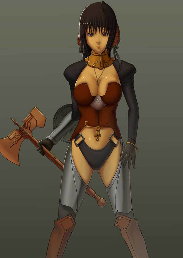 deep dungeon, 1girl, armor, axe, breasts, brown eyes, brown hair, cleavage, female focus, jewelry, midriff, necklace, short hair, solo, warrior, weapon