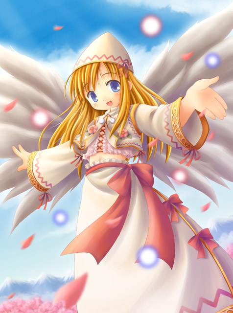 lily white, touhou, 1girl, blonde hair, blue eyes, blue sky, blush, cherry blossoms, danmaku, day, dress, female focus, hat, long hair, long sleeves, looking at viewer, midriff, open mouth, outdoors, sky, solo, white dress, white wings, wings