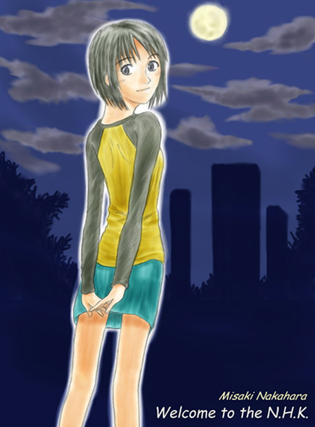 nakahara misaki, nhk ni youkoso!, 00s, bob cut, moon, raglan sleeves, short hair, skirt, skyline, solo