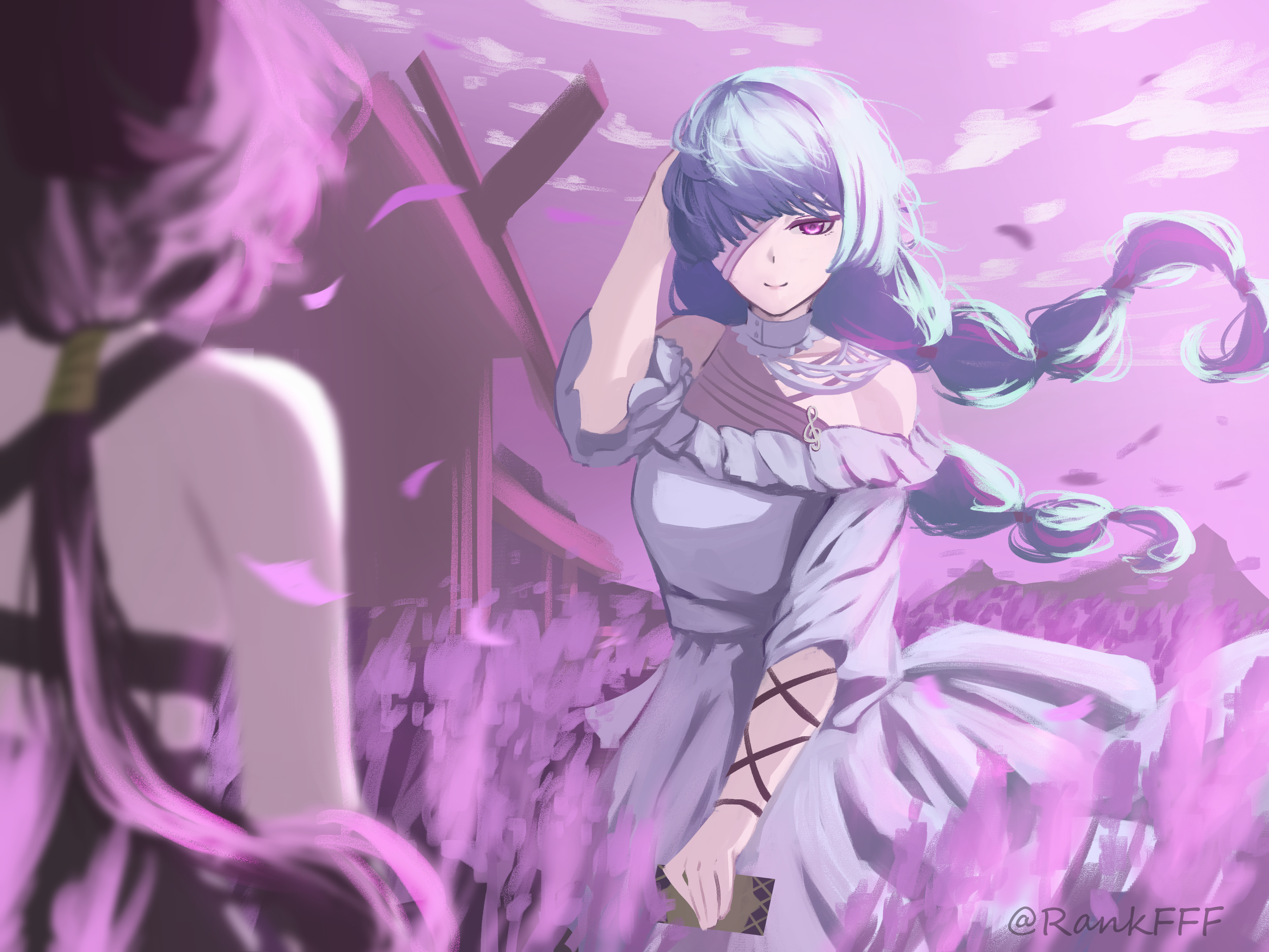 rankfff, female rover (wuthering waves), phrolova (wuthering waves), rover (wuthering waves), wuthering waves, absurdres, commentary, highres, 2girls, bandage over one eye, bare shoulders, black hair, blurry, blurry foreground, braid, breasts, closed mouth, dress, grey hair, hand up, holding, long hair, low ponytail, low twin braids, medium breasts, multicolored hair, multiple girls, musical note ornament, ponytail, purple eyes, purple sky, sky, smile, solo focus, streaked hair, twin braids, twitter username, white dress