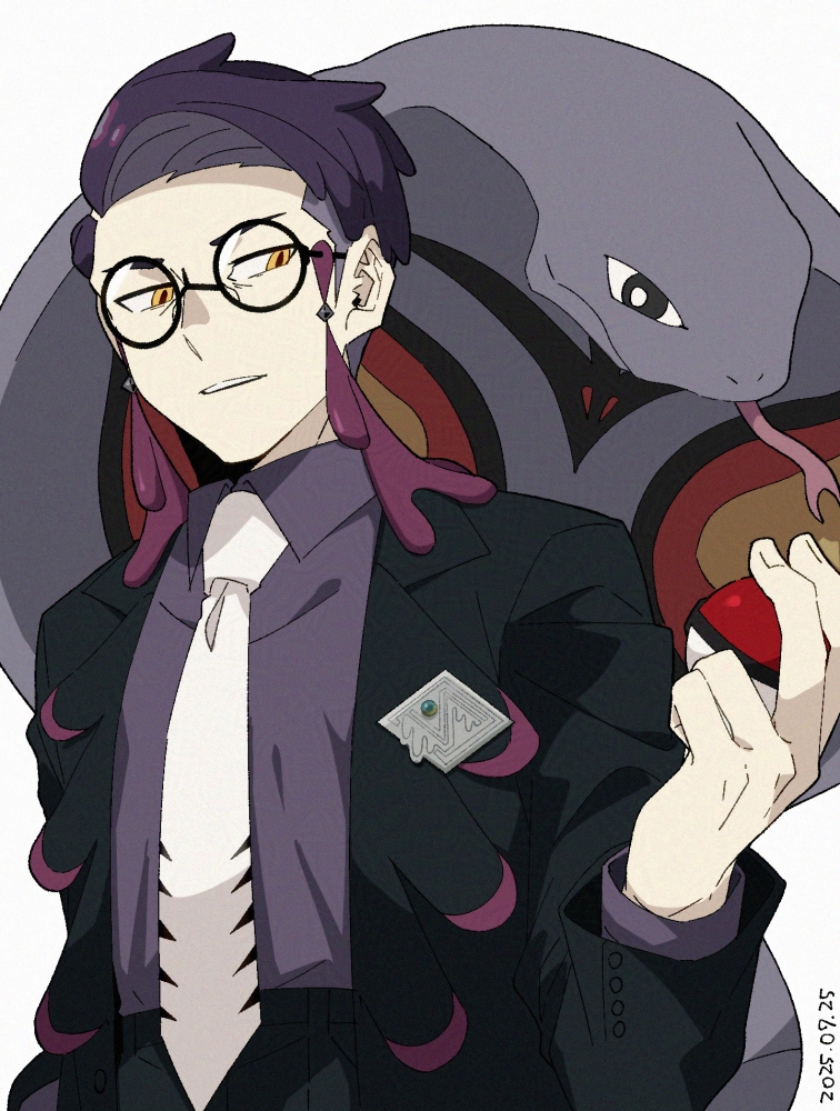 saikei, arbok, corbeau (pokemon), nintendo, pokemon, pokemon legends: z-a, 1boy, arm at side, gen 1 pokemon, glasses, holding, holding poke ball, jacket, long sleeves, male focus, necktie, parted lips, poke ball, poke ball (basic), pokemon (creature), purple hair, purple jacket, round eyewear, short hair, sideburns, simple background, solo, undercut, white background, white necktie, yellow eyes