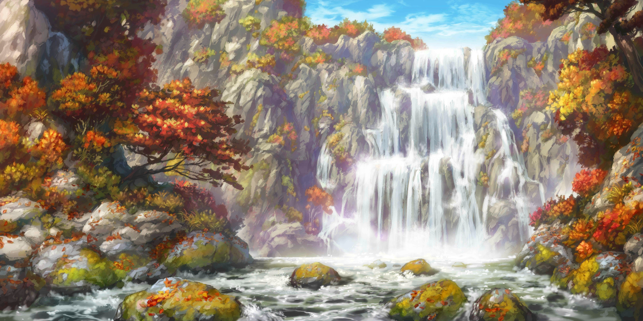 touhou, touhou lostword, artist request, game cg, highres, third-party source, autumn, blue sky, boulder, cloud, day, no humans, outdoors, river, scenery, sky, tree, water, waterfall