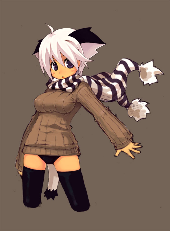 miyaga, original, 1girl, animal ears, cat ears, female focus, scarf, solo, striped clothes, striped scarf, sweater, thighhighs