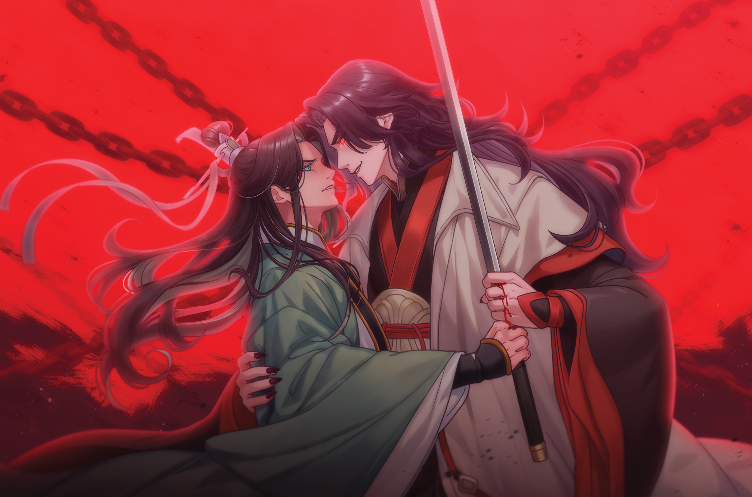 siliceb, luo binghe, shen qingqiu, renzha fanpai zijiu xitong, highres, 2boys, angry, arm around waist, backlighting, black hair, black hanfu, black nails, blood, blood on hands, chain, chinese clothes, cowboy shot, curtained hair, face-to-face, fingernails, floating clothes, floating hair, furrowed brow, glowing, glowing eyes, green eyes, green hanfu, hair between eyes, hair bun, half updo, hanfu, holding, holding sword, holding weapon, long hair, long sleeves, looking at viewer, male focus, multiple boys, open mouth, parted bangs, red background, red eyes, red hanfu, red light, ribboned xiao guan, sharp fingernails, sidelocks, single hair bun, smile, smirk, sword, v-shaped eyebrows, wavy hair, weapon, wide sleeves, wolf cut