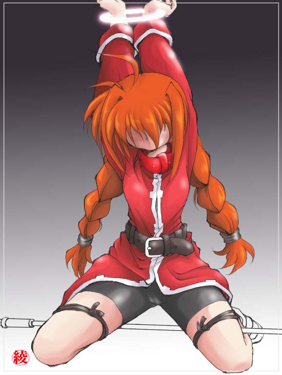 vita (nanoha), lyrical nanoha, mahou shoujo lyrical nanoha, mahou shoujo lyrical nanoha strikers, 00s, 1girl, bdsm, belt, bike shorts, bondage, bound, collar, female focus, orange hair, red hair, solo, spreader bar