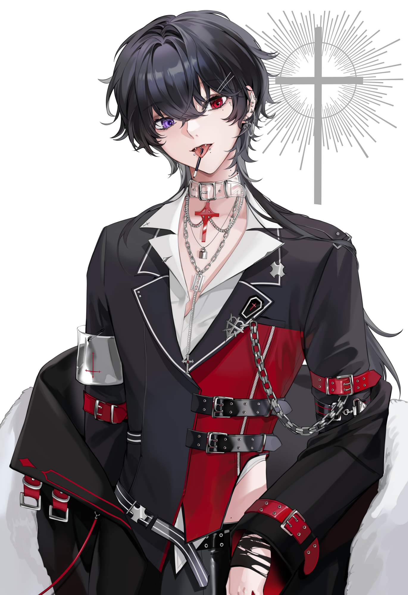 saga666, original, commentary, highres, 1boy, arm belt, belt, belt buckle, black belt, black coat, black hair, black jacket, buckle, chain, chain necklace, choker, coat, coat partially removed, collared shirt, cowboy shot, cross, cross choker, cross necklace, crossed bangs, ear piercing, face piercing, fangs, forked tongue, hair between eyes, heterochromia, jacket, jewelry, labret piercing, latin cross, long sleeves, looking at viewer, male focus, mole, mole on neck, mole under mouth, multiple moles, multiple piercings, necklace, open mouth, piercing, purple eyes, red belt, red eyes, see-through choker, shirt, short hair, solo, tongue, tongue hold, tongue out, tongue piercing, white background, white shirt