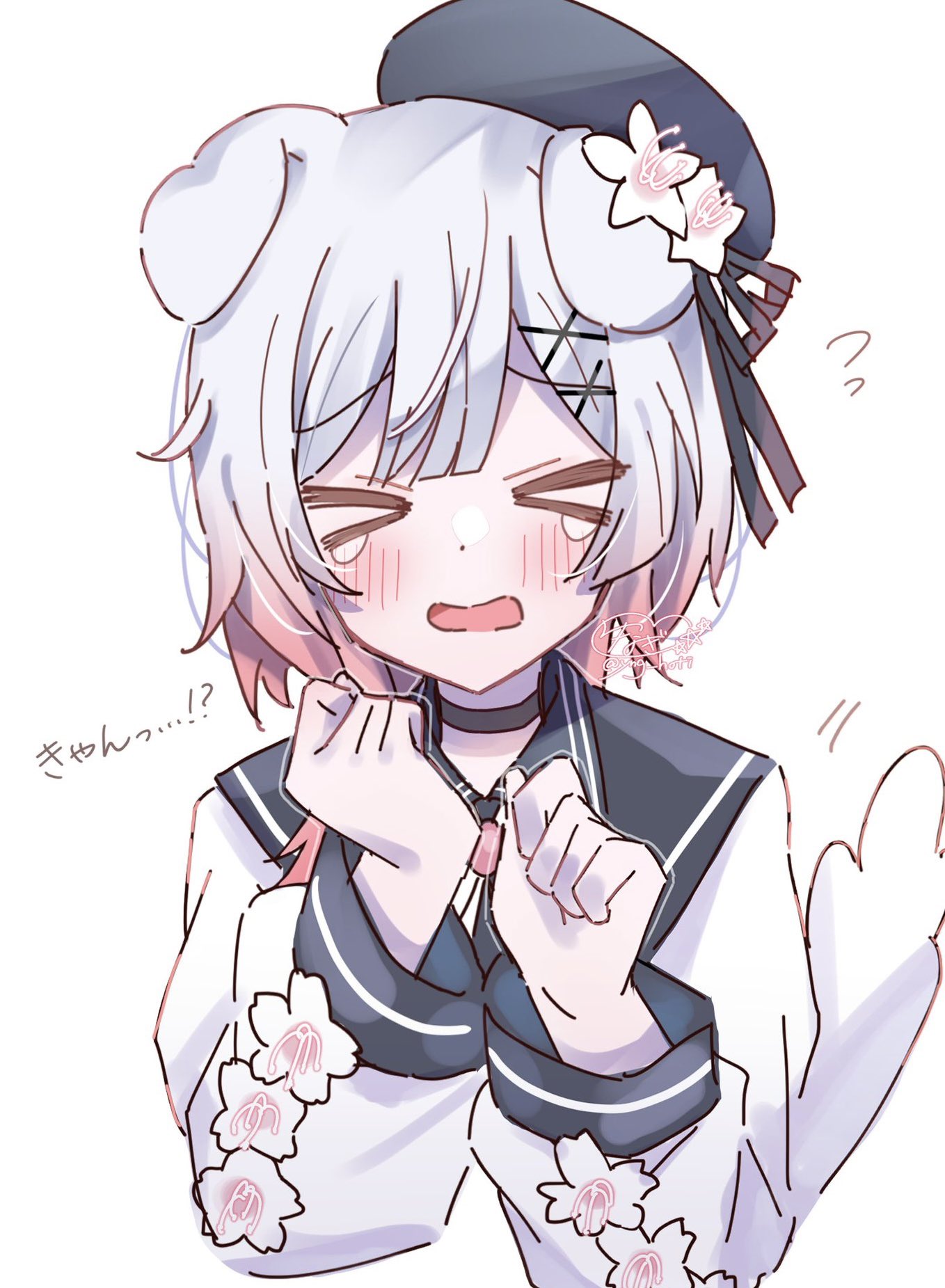 yunagi (yng hoti), sakuraba ema, mahou shoujo no majo saiban, highres, > <, 1girl, animal ears, beret, black choker, black dress, black hat, choker, dog ears, dog girl, dog tail, dress, facing viewer, flower, flying sweatdrops, gradient hair, hair ornament, hat, hat flower, multicolored hair, open mouth, pink hair, shirt, short hair, simple background, solo, tail, tearing up, upper body, white background, white flower, white hair, white shirt, x hair ornament
