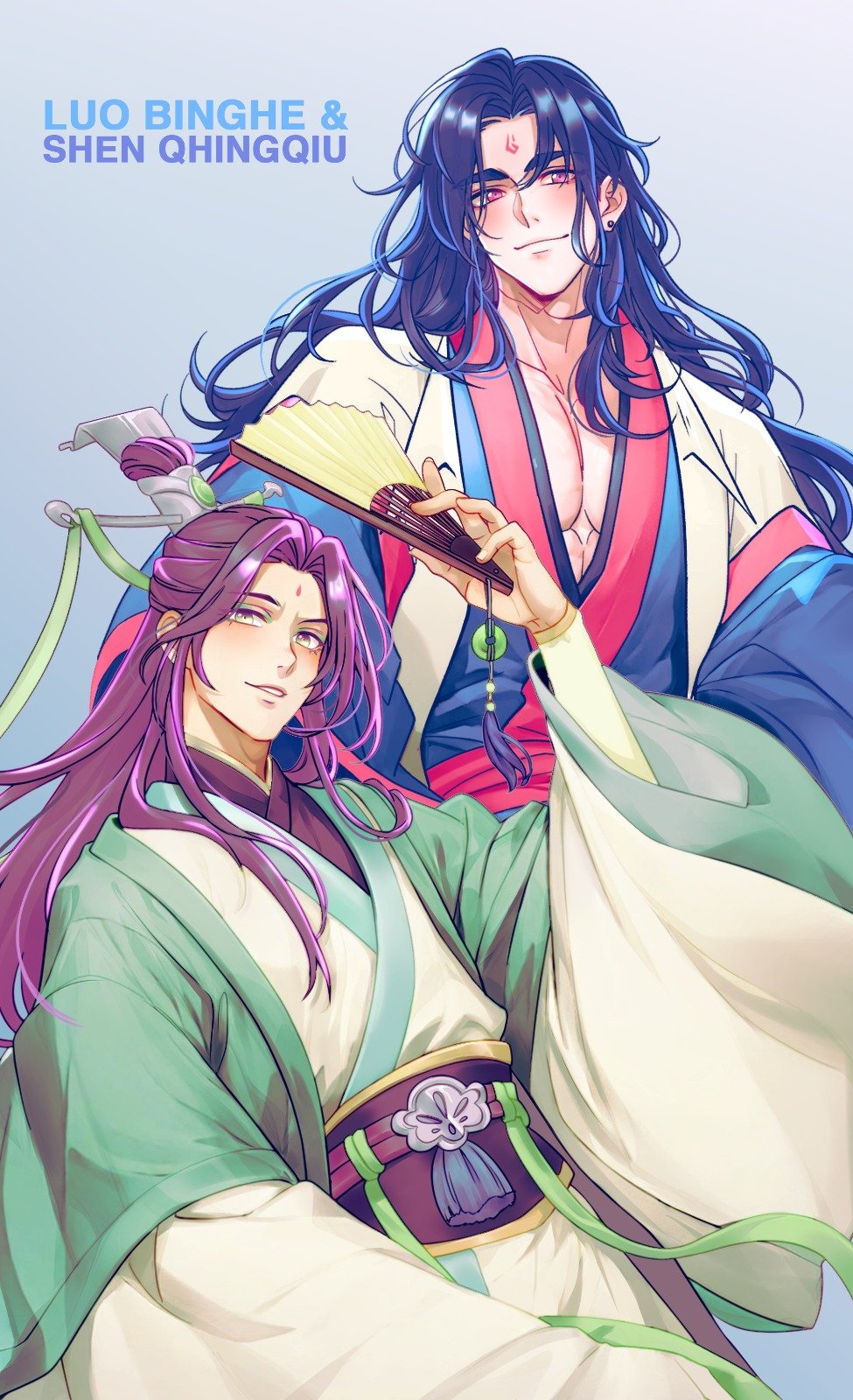 siliceb, luo binghe, shen qingqiu, zuiyin, renzha fanpai zijiu xitong, highres, 2boys, adam's apple, bindi, bishounen, black hair, blue background, blush, character name, closed mouth, collarbone peek, cowboy shot, curtained hair, earrings, eyeshadow, floating clothes, gradient background, green eyes, green eyeshadow, green ribbon, green robe, hair bun, half updo, hand fan, head tilt, holding, holding fan, jewelry, long hair, long sleeves, looking at viewer, makeup, male focus, messy hair, multiple boys, muscular, muscular male, paper fan, parted bangs, parted lips, pectoral cleavage, pectorals, pink eyes, ribbon, ribboned xiao guan, robe, sidelocks, single hair bun, smile, stud earrings, tassel, wavy hair, wide sleeves, xiao guan (headdress), yellow hanfu