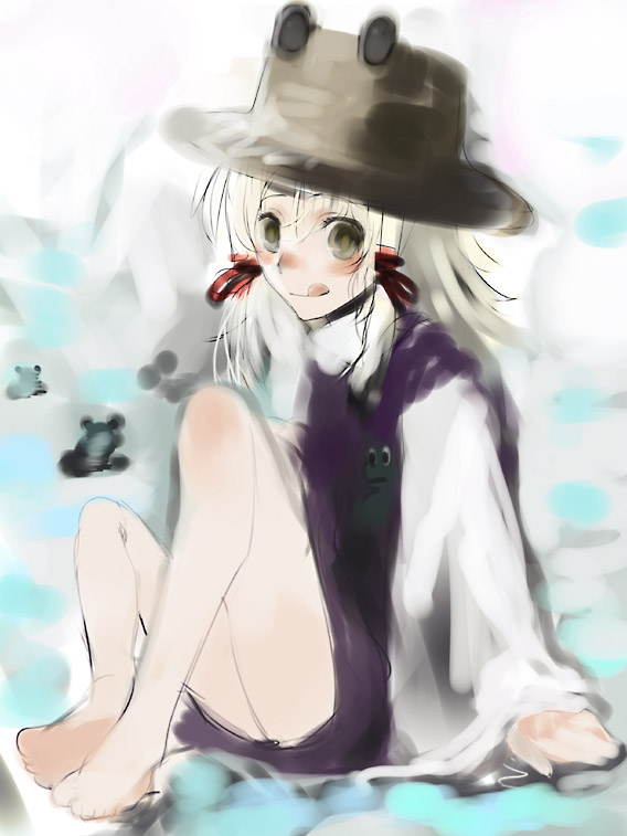 nokishita, moriya suwako, touhou, 1girl, :q, barefoot, feet, female focus, hat, sketch, solo, tongue, tongue out