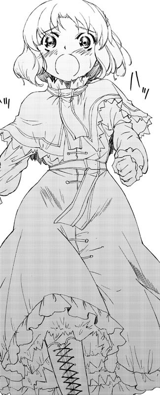 yuu (kfc), alice margatroid, touhou, 1girl, :o, blush, boots, cape, dress, female focus, frills, from below, greyscale, knee boots, lace-up boots, looking at viewer, looking down, monochrome, necktie, open mouth, puffy short sleeves, puffy sleeves, short sleeves, simple background, solo, walking, white background