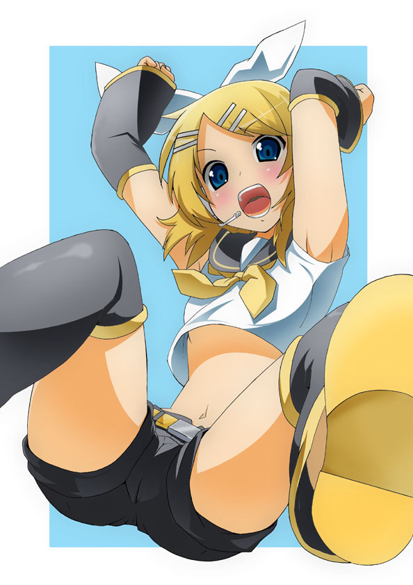 toudori, kagamine rin, vocaloid, 1girl, blonde hair, blouse, bow, female focus, headset, midriff, navel, shirt, short shorts, shorts, solo, white shirt