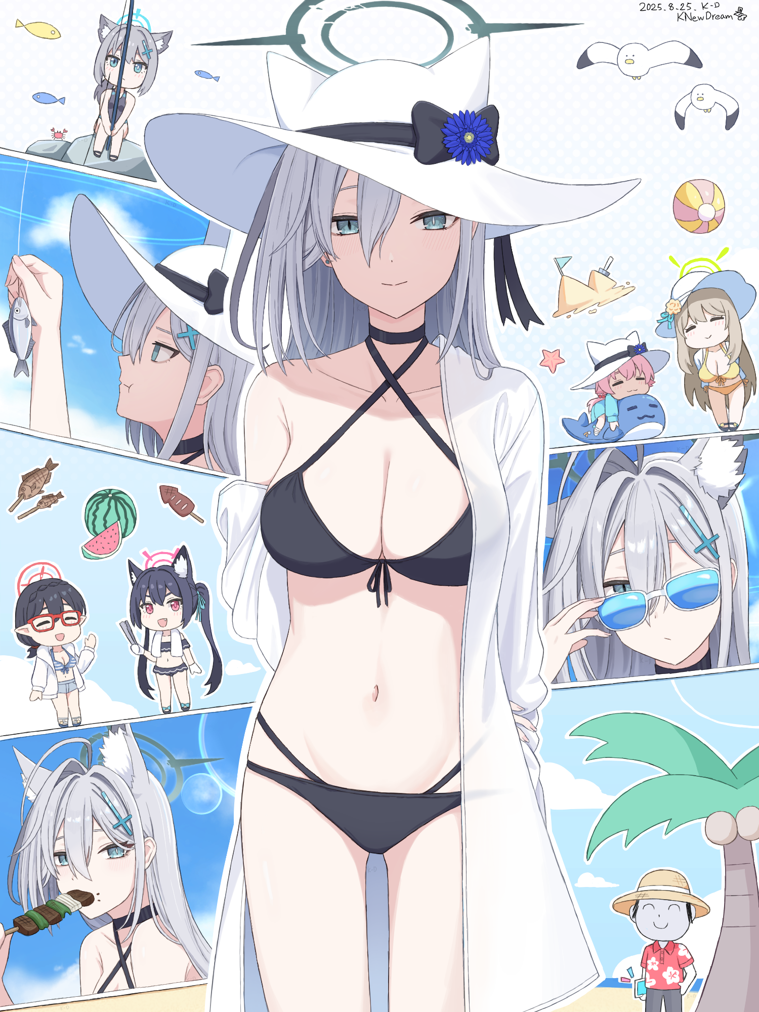 k-d, doodle sensei (blue archive), hoshino (blue archive), hoshino (swimsuit) (blue archive), nonomi (blue archive), nonomi (swimsuit) (blue archive), sensei (blue archive), serika (blue archive), serika (swimsuit) (blue archive), shiroko (blue archive), shiroko (swimsuit) (blue archive), shiroko terror (blue archive), blue archive, commentary, highres, 1boy, 5girls, :t, = =, ahoge, animal ear fluff, animal ears, ball, beachball, bikini, black bikini, black bow, black choker, blue-tinted eyewear, blue eyes, bow, breasts, chibi, choker, collarbone, cross hair ornament, dated, eating, fish, fishing, flower, food, front-tie bikini top, front-tie top, fruit, glasses, grey hair, hair between eyes, hair ornament, halo, hat, hat bow, hat flower, hat with ears, large breasts, long hair, looking at viewer, looking over eyewear, multi-strapped bikini bottom, multiple girls, off shoulder, official alternate costume, palm tree, pout, red-framed eyewear, single bare shoulder, smile, sun hat, sunglasses, swimsuit, tinted eyewear, tree, watermelon, white-framed eyewear, white hat, wolf ears