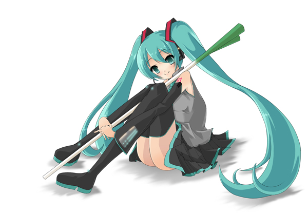 noi (noi 2y), hatsune miku, vocaloid, 1girl, aqua hair, female focus, long hair, solo, spring onion, thighhighs, twintails, very long hair