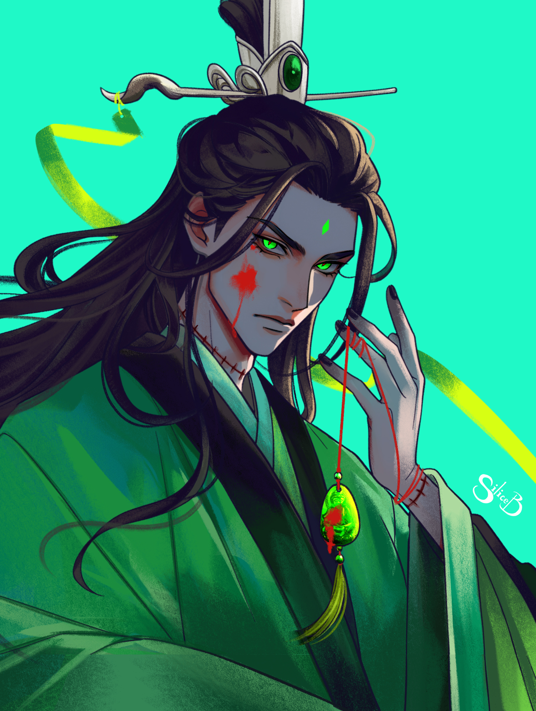 siliceb, shen qingqiu, renzha fanpai zijiu xitong, absurdres, highres, 1boy, artist name, backlighting, bindi, black hair, black nails, blood, blood drip, blood on face, chinese clothes, closed mouth, curtained hair, facial mark, floating hair, forehead mark, frown, gem, glowing, glowing eyes, green background, green eyes, green gemstone, green hanfu, green ribbon, hair bun, half updo, hanfu, long hair, long sleeves, looking at viewer, male focus, ribbon, ribboned xiao guan, serious, single hair bun, solo, stitched neck, stitched wrist, stitches, string, string of fate, upper body, v-shaped eyebrows, wide sleeves, xiao guan (headdress)