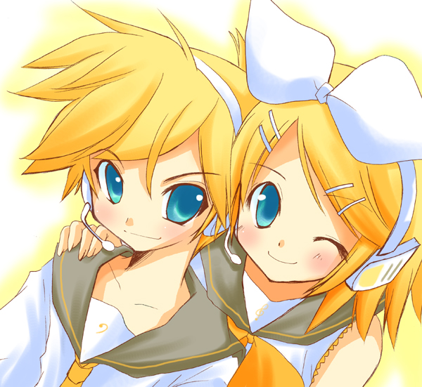 ebisu senri, kagamine len, kagamine rin, vocaloid, hand on shoulder, 1boy, 1girl, bass clef, blonde hair, blue eyes, blush, bow, brother and sister, hair ornament, hairclip, headphones, headset, necktie, one eye closed, shirt, siblings, sleeveless, sleeveless shirt, smile, swept bangs, treble clef, twins