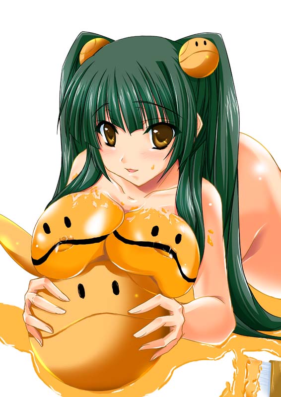 maho (yakimorokoshi), mashuu (masyu), haro, wang liu mei, gundam, gundam 00, 00s, 1girl, ball, bent over, blush, bodypaint, breast rest, breasts, creature, female focus, green hair, hair bobbles, hair ornament, holding, large breasts, long hair, looking at viewer, naked paint, nipples, nude, open mouth, paint, simple background, smile, solo, standing, twintails, white background, yellow eyes
