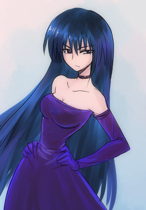 umiushi, original, bare shoulders, choker, dress, elbow gloves, gloves, hand on own shoulder, solo, strapless, strapless dress