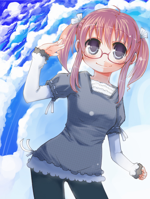 original, 1girl, ahoge, arm up, blue eyes, collarbone, contrapposto, female focus, glasses, long sleeves, looking at viewer, pants, pink hair, semi-rimless eyewear, short hair, solo, standing, under-rim eyewear