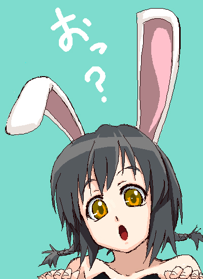 niwa zen, original, 1girl, :o, animal ears, aqua background, bare shoulders, black hair, braid, collarbone, female focus, green background, looking at viewer, open mouth, rabbit ears, short hair, simple background, solo, surprised, twin braids, yellow eyes