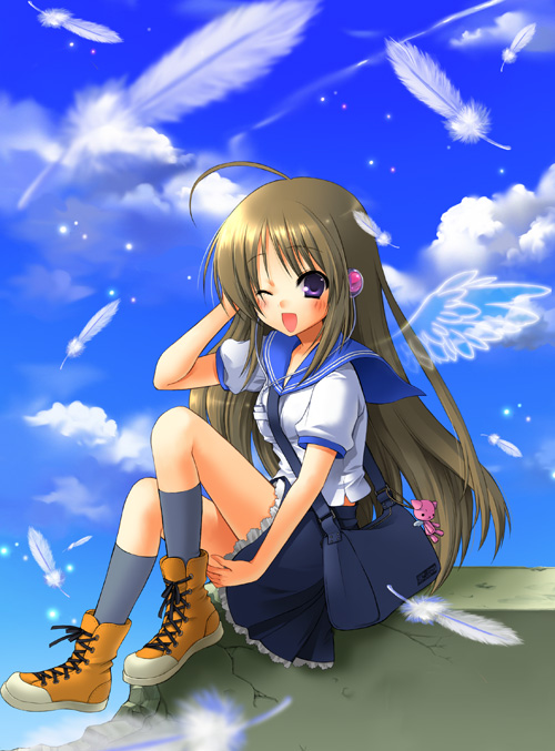 kagetsu suzu, original, 1girl, cloud, day, female focus, orange shoes, school uniform, serafuku, shoes, sky, solo